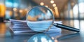 A Magnifying Glass Positioned Over a Stack of Various Documents for Detailed Review Royalty Free Stock Photo