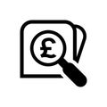 Magnifying glass with pound currency money for icon search, pound coin with magnifying glass for button app, research icon black Royalty Free Stock Photo