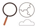 Magnifying Glass, Puzzle Globe, and Cloud Illustrating Analysis and Problem Solving Royalty Free Stock Photo