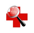 Magnifying glass a red cross help
