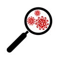 Magnifying glass and red virus on white background. 2019-nCov novel coronavirus concept