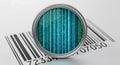 Magnifying glass reveals binary code over a barcode representing data and technology Royalty Free Stock Photo