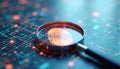 Magnifying glass reveals fingerprint on digital surface symbolizing cyber security, digital forensic tech. Online safety