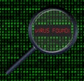 Magnifying glass scanning and found virus on digital binary numeral background Royalty Free Stock Photo