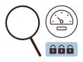 Magnifying Glass, Speedometer, and Padlocks Representing Security and Thorough Analysis Royalty Free Stock Photo