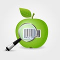 Magnifying glass searching bar code on green apple