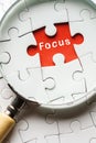 Magnifying glass searching missing puzzle peace FOCUS Royalty Free Stock Photo