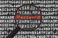 magnifying glass searching the word password on dark black computer screen with program code hacker password security malware