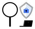 Magnifying Glass, Security Shield with Padlock, and Laptop Representing Digital Security Royalty Free Stock Photo