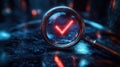 Magnifying glass shows glowing checkmark. Quality control, validation process. Assurance, improvement concepts. Compliance with
