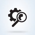 Magnifying glass sign icon or logo. Search Gear Tool concept. looking over the gear to see the detail, vector illustration
