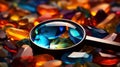 A magnifying glass is sitting on top of a pile of colorful stones, AI