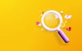 A magnifying glass with social media element icons on yellow background. Data Analysis concept. Vector illustration Royalty Free Stock Photo