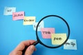 Magnifying glass and software scrum agile board with paper task, TDD test-driven development and FDD Feature driven development Royalty Free Stock Photo