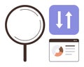 Magnifying Glass, Data Chart, and Sorting Arrows Representing Analysis, Sorting, and Data Management Royalty Free Stock Photo