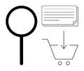 Search and Add to Cart Process with Magnifying Glass, Documents, and Shopping Cart Royalty Free Stock Photo