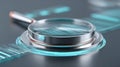 A magnifying glass is on a surface with blue lines and bars in the background Royalty Free Stock Photo