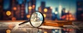 Magnifying Glass on Table, Close-up of a Detective Tool. Business Control over quotes and shares. Market research. Trader Royalty Free Stock Photo