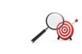 A magnifying glass and a target with a hit arrow. Space for text. Royalty Free Stock Photo