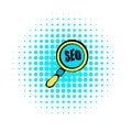 Magnifying glass with text SEO icon, comics style Royalty Free Stock Photo