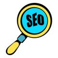 Magnifying glass with text SEO icon, icon cartoon Royalty Free Stock Photo