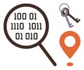Binary Code Search with Magnifying Glass, Key Symbol, and Location Pin for Digital Security Concept Royalty Free Stock Photo
