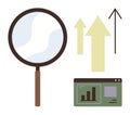 Magnifying Glass with Growth Arrows and Analytics Dashboard for Data Analysis and Progress Royalty Free Stock Photo