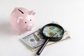 Magnifying glass on US dollar bills with pink piggy bank on whit Royalty Free Stock Photo
