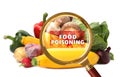 Magnifying glass and vegetables on background. Food poisoning concept