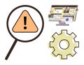 Magnifying Glass on Warning Sign, Gear, and Computer Screen Highlighting Analytical Concepts Royalty Free Stock Photo