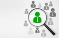 Magnifying glass on white background. Concept of search for people and workers. Search for vacancies and work. Human resources,