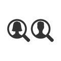 Magnifying glass with woman and man silhouette. Loupe and magnifier search employee icon.ÃÂ