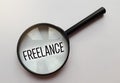 Magnifying glass with the word freelance. Distant job working online business concept