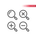 Magnifying glass, zoom thin line vector icon. Magnifier, plus and minus, simple vector icon.