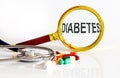 Magnifying lens with text DIABETES with medical tools