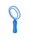 Magnifying loupe isometric icon. Optical lens on blue handle with white rim.