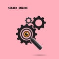 Magnifying optical glass with Gears icon on background. Search e