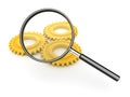 Magnifyng glass and yellow gears Royalty Free Stock Photo