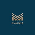 Magnis Abstract Geometry Minimal Vector Sign, Symbol or Logo Template. Premium Line Style Lettering Emblem. Gold with