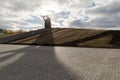 MAGNITOGORSK, RUSSIA - OCTOBER, 2018: Monument Rear-front a famous sculpture and Eternal flame in granite flower Royalty Free Stock Photo