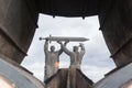 MAGNITOGORSK, RUSSIA - OCTOBER, 2018: Monument Rear-front a large famous sculpture and Eternal flame in granite flower Royalty Free Stock Photo