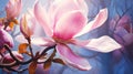 Blooming Pink Magnolia Tree: Realistic Hyper-detailed Painting With Melancholic Symbolism