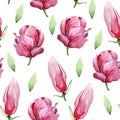 Magnolia blooming watercolor seamless pattern