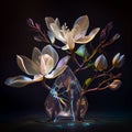 Magnolia bouquet. Shining magical neon flowers isolated on a black background