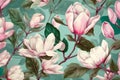 seamless watercolor flower pattern wallpaper template leaf floral decoration magnolia background. Generative AI.