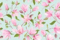 Magnolia floral seamless vector pattern. Watercolor magnolia flowers, leaves, petals, blossom background