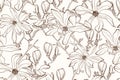 Magnolia flower brown sepia outline seamless pattern on beige background. Royalty Free Stock Photo