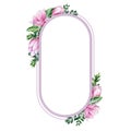 Magnolia flower frame. Tender pink magnolia flowers and buxus leaves. Watercolor illustration. Oval decoration. Elegant