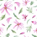 Magnolia flower head and Green leaves. Abstract pink flowers and greenery. Seamless pattern of spring blooming plants Royalty Free Stock Photo