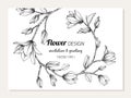 Magnolia flower and leaves frame drawing illustration for invitation and greeting card design.